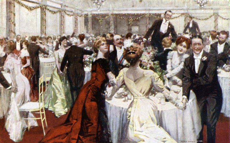 Auld Lang Syne, nyttårsaften, The Savoy Hotel (farge litho) av English School