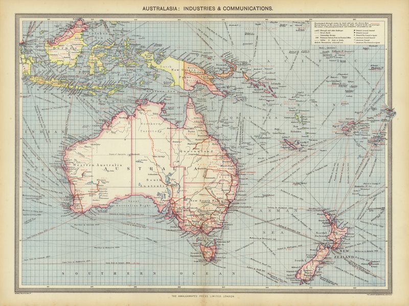Australasia, industri og kommunikasjon (farge litho) av English School