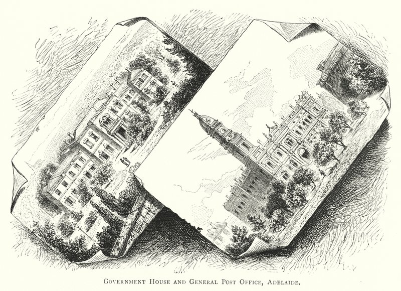 Australia: Government House and General Post Office, Adelaide (gravering) av English School