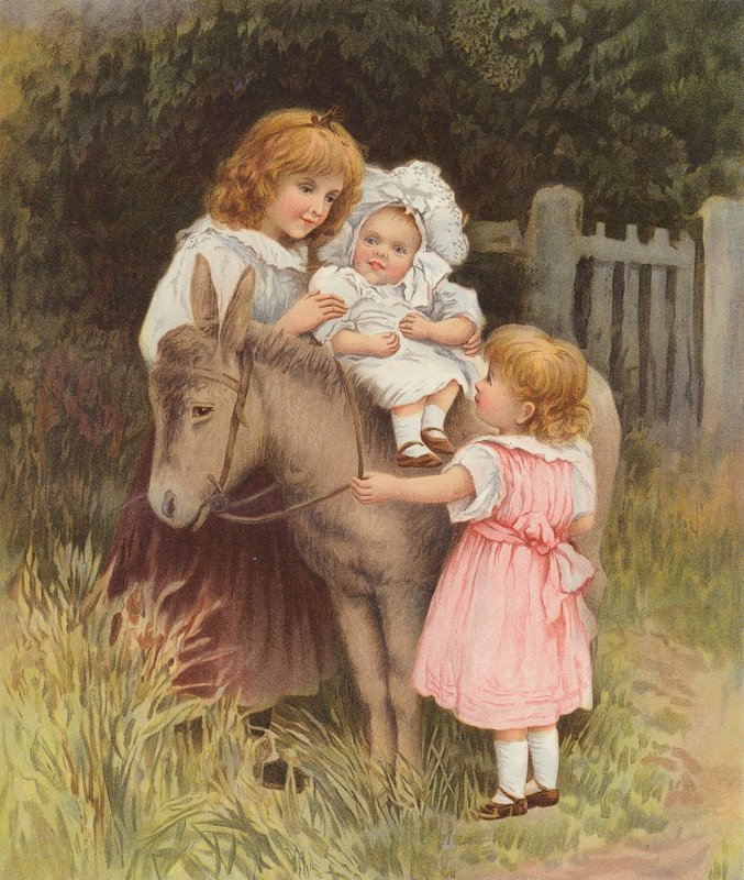 Baby tar en tur på et esel (chromolitho) av English School