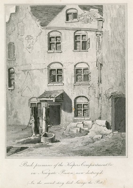 Bakre lokaler til Keepers Compartment i Newgate Prison. I den andre historien døde poeten Richard Savage av English School