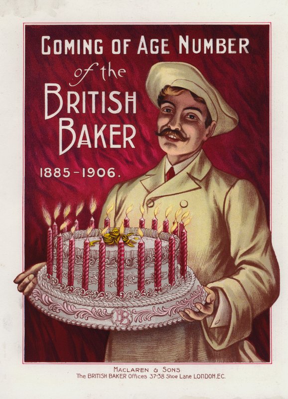 Baker med kake med 21 lys (farge litho) av English School