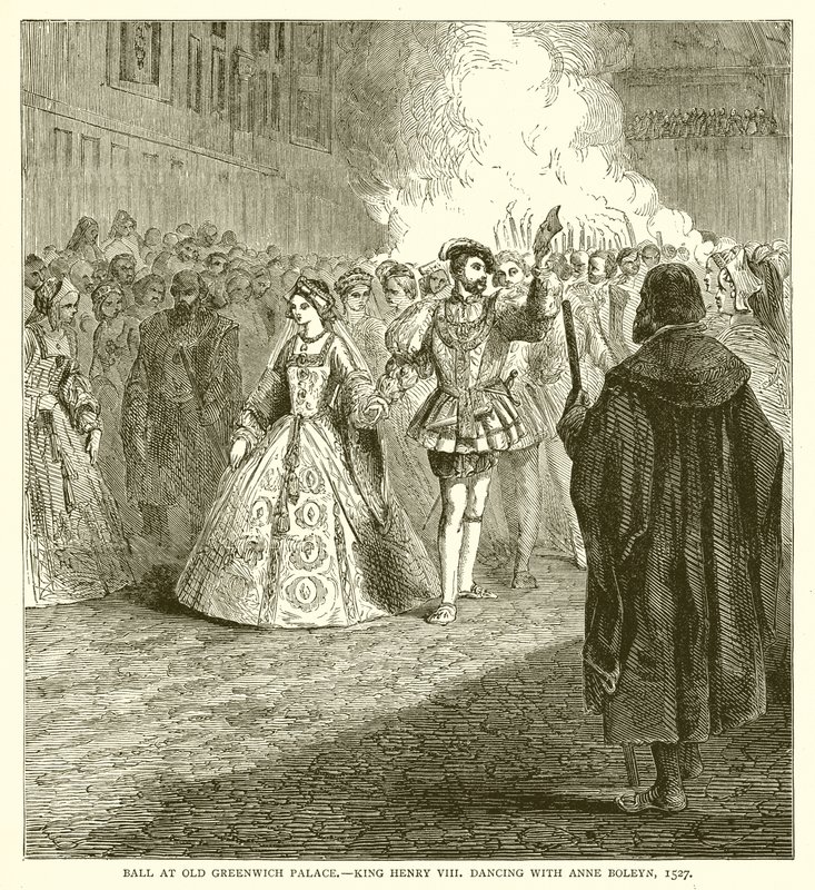 Ball på Old Greenwich Palace.--Kong Henry VIII danser med Anne Boleyn, 1527 av English School