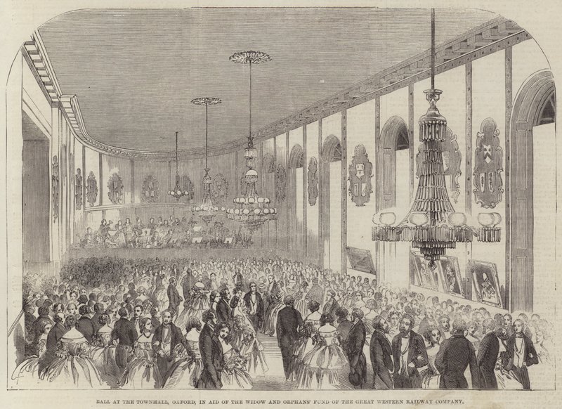 Ball i rådhuset, Oxford, til hjelp for enke- og foreldreløsefondet til Great Western Railway Company (gravering) av English School