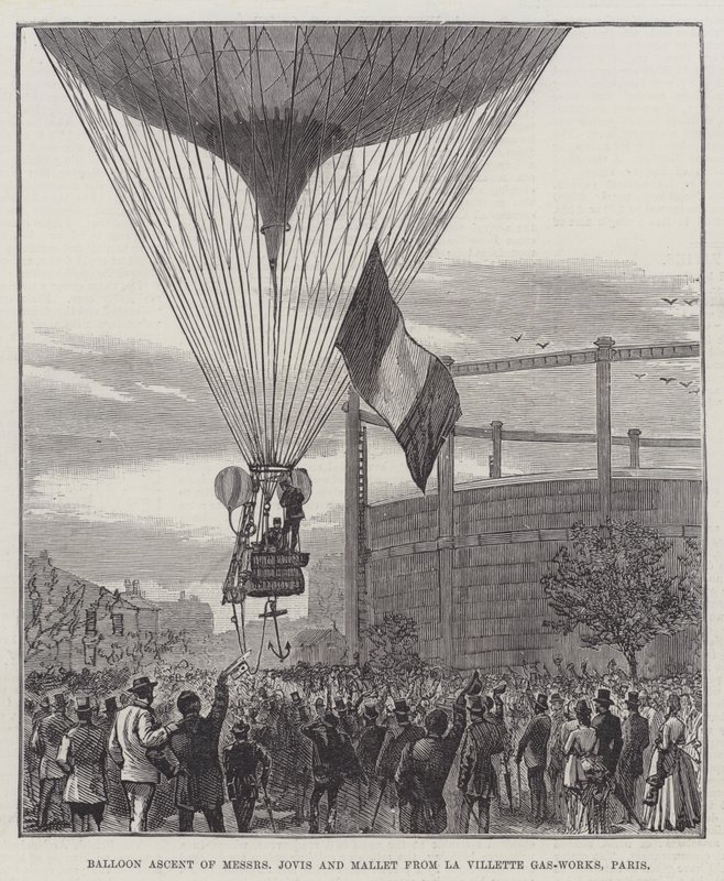 Ballongoppstigning av Messers Jovis og Mallet fra La Villette Gas-Works, Paris (gravering) av English School