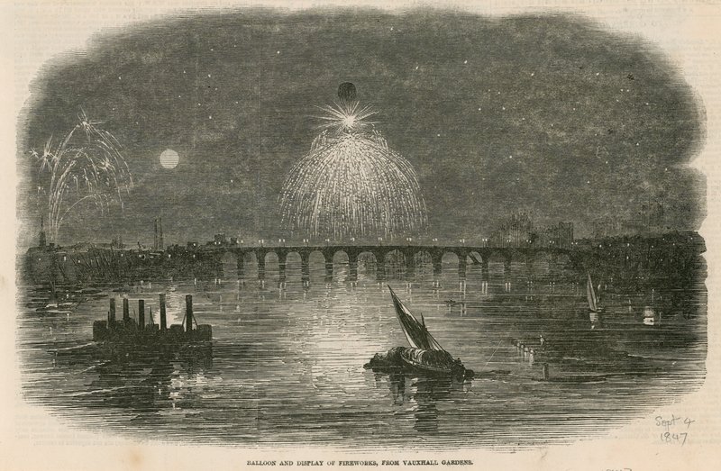 Ballong og fremvisning av fyrverkeri, Vauxhall Gardens, London av English School