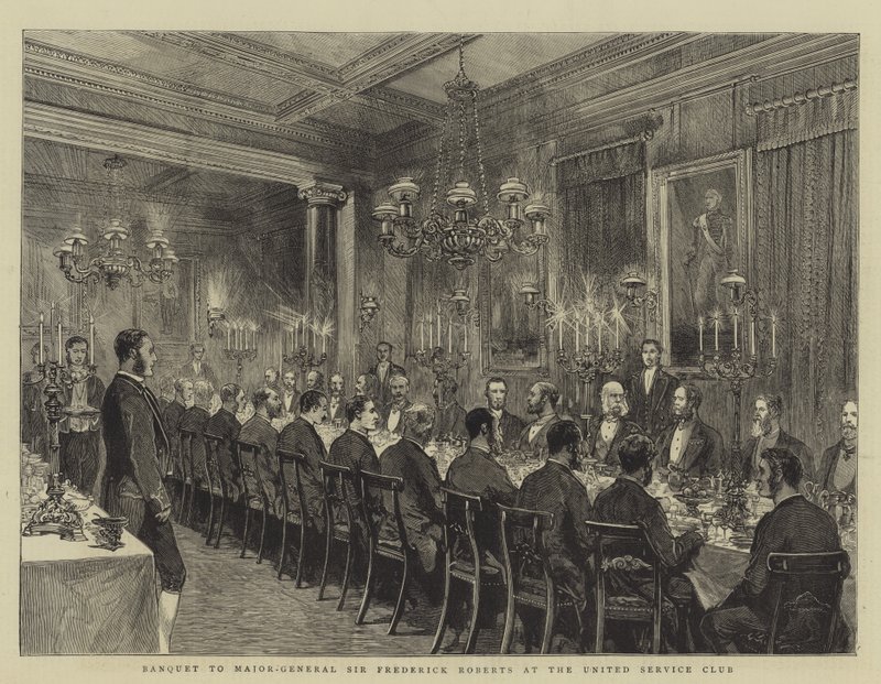 Bankett til generalmajor Sir Frederick Roberts ved United Service Club, illustrasjon for The Graphic, 4. desember 1880, av English School