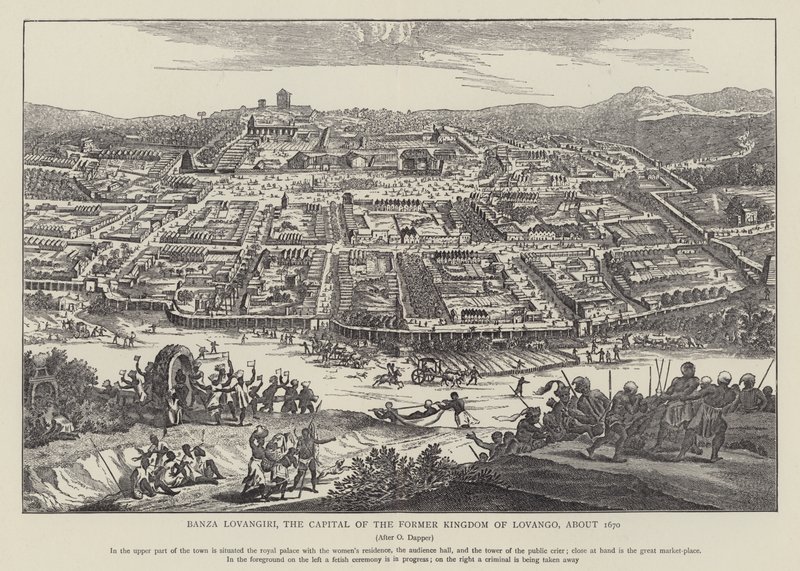 Banza Lovangiri, hovedstaden i det tidligere kongeriket Lovango, ca 1670 (bilde) av English School