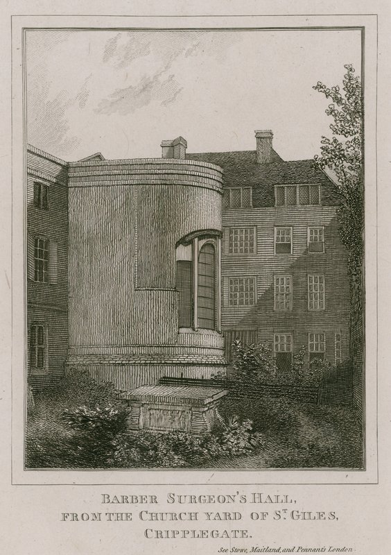 Barber Surgeons Hall, Monkwell Street, London, sett fra kirkegården til St Giles, Cripplegate av English School