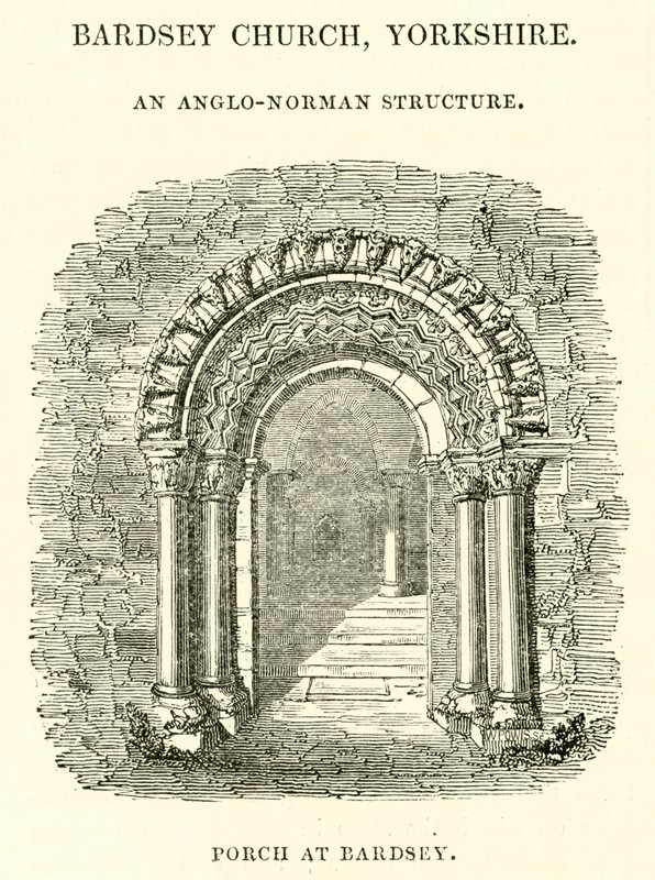 Bardsey Church, Yorkshire, en anglo-normannisk struktur, veranda ved Bardsey av English School