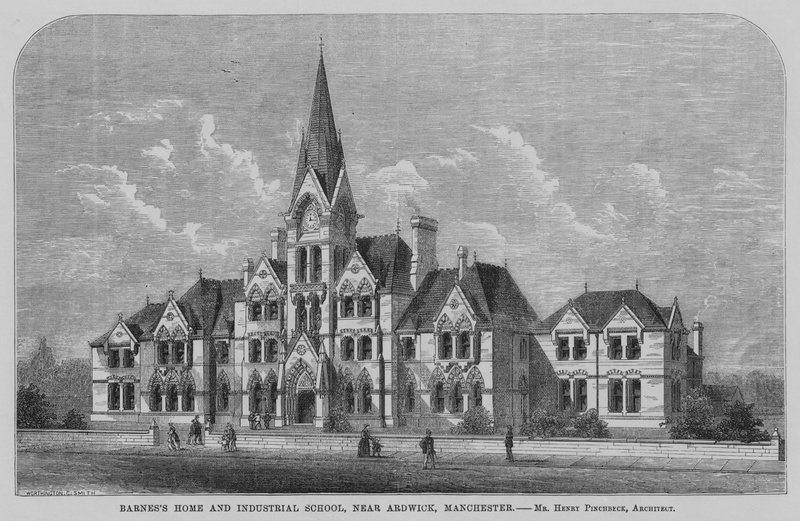 Barnes's Home and Industrial School, nær Ardwick, Manchester (gravering) av English School