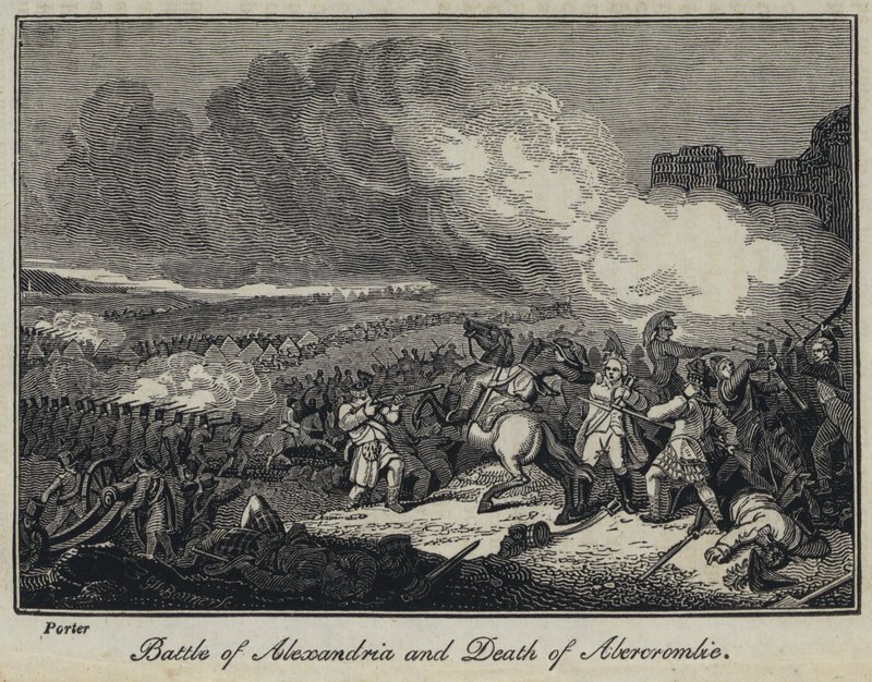 Slaget ved Alexandria og Death of Abercrombie (gravering) av English School
