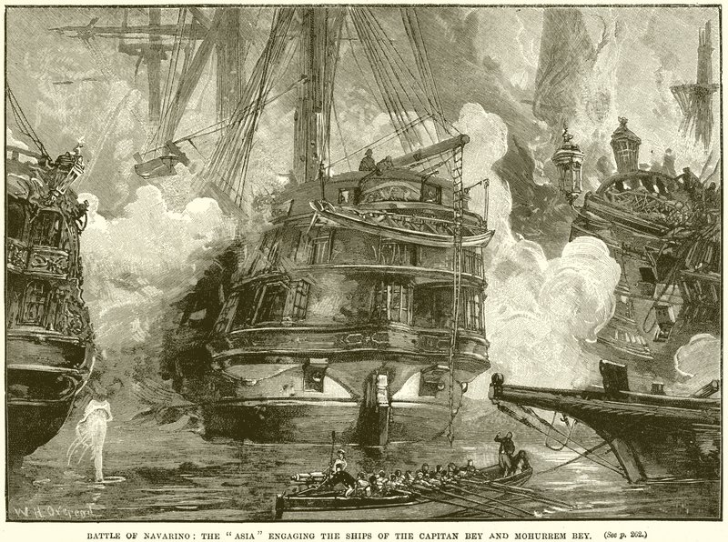 Battle of Navarino: Asia som engasjerer skipene til Captain Bey og Moharrem Bey av English School