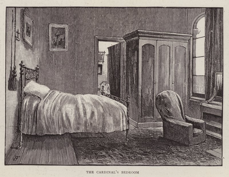 Soverom til Henry Edward Manning, engelsk katolsk kardinal og erkebiskop av Westminster (litho) av English School