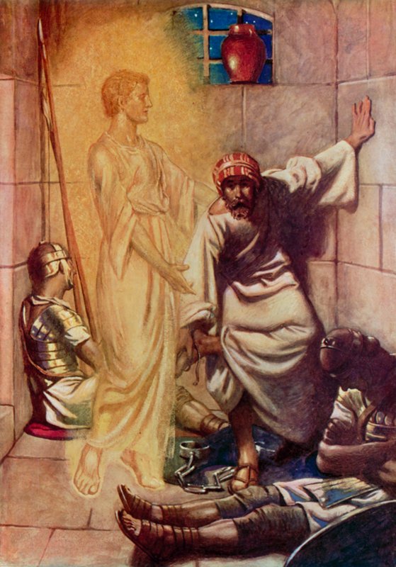 "Se, Herrens engel kom over ham, og et lys skinte i fengselet", St. Peter, Apg. XII, 7 (farge litho) av English School
