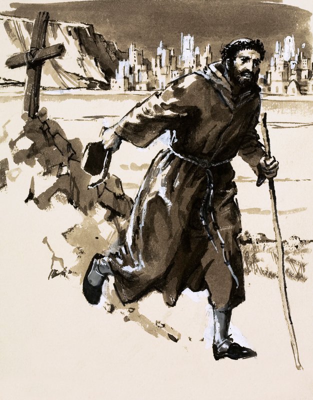 I troen på at han hadde oppdaget El Dorado, reiste en munk et kors for å gjøre krav på den skinnende byen (gouache på papir) av English School
