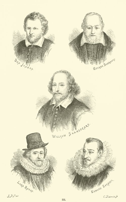 Ben Jonson, George Buchanan, William Shakespeare, Lord Bacon, Edmund Spenser av English School