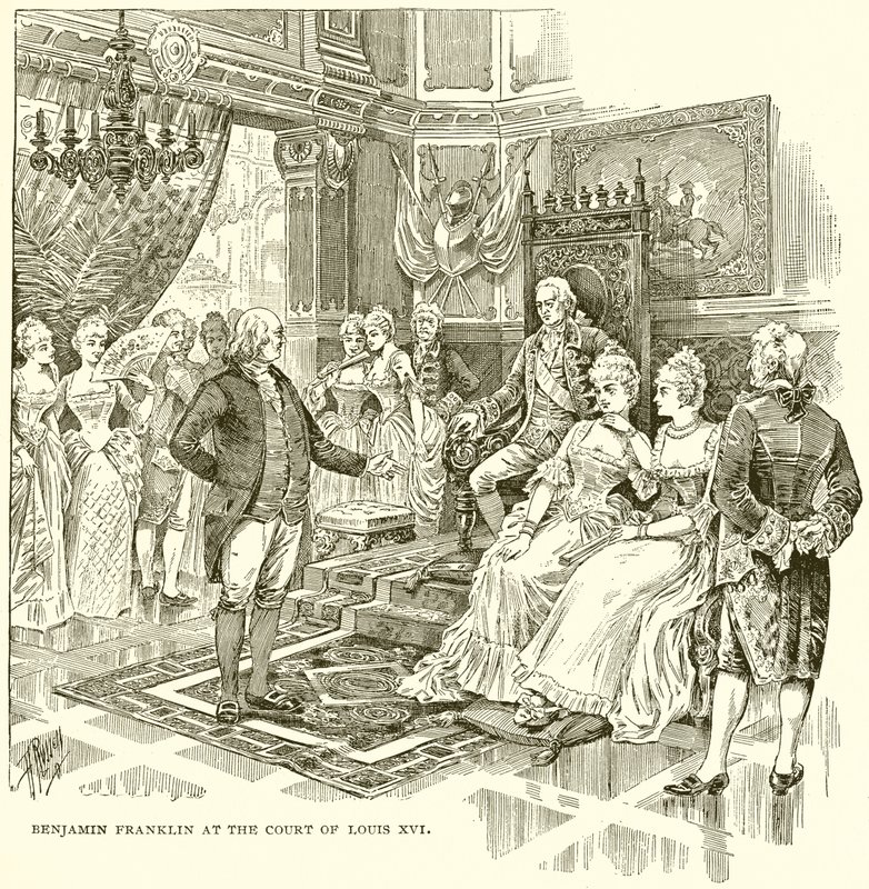 Benjamin Franklin ved hoffet til Louis XVI av English School