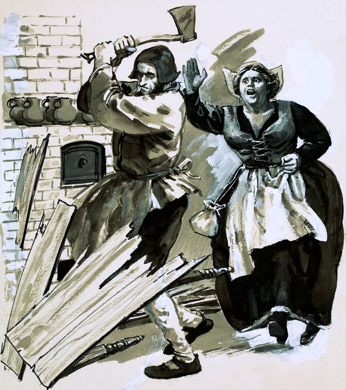 Bernard Palissy holdt ovnene i gang ved å kutte opp møbler og gulvbord (gouache på papir) av English School