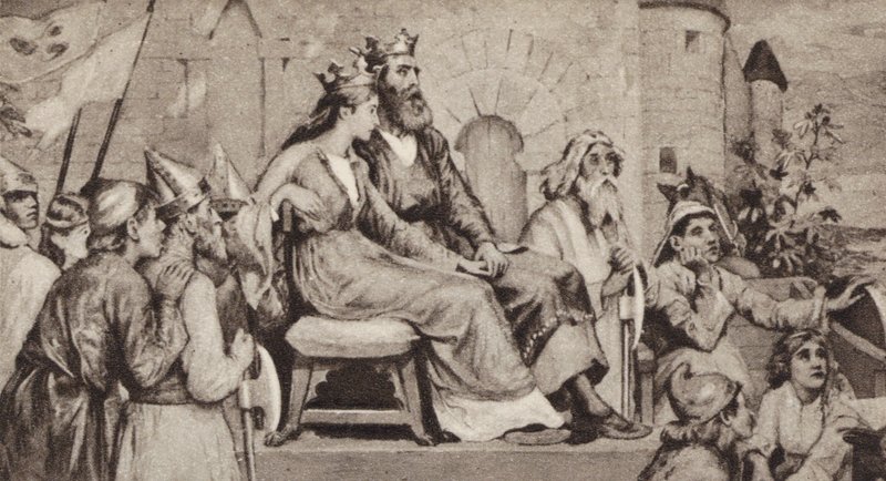 Bertha, kone til Aethelbert, konge av Kent (litho) av English School