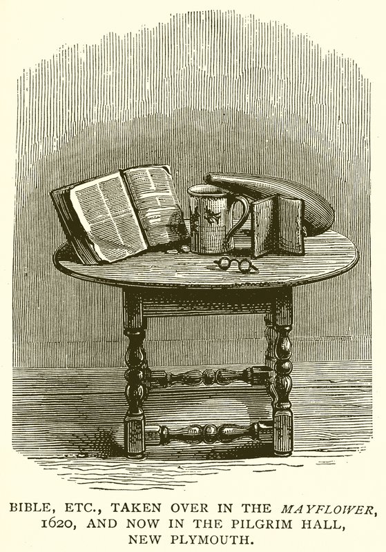 Bibelen, etc., overtatt i Mayflower, 1620, og nå i Pilgrim Hall, New Plymouth av English School