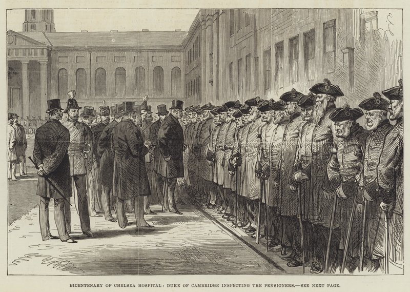 Bicentenary of Chelsea Hospital, Duke of Cambridge inspiserer pensjonistene (gravering) av English School