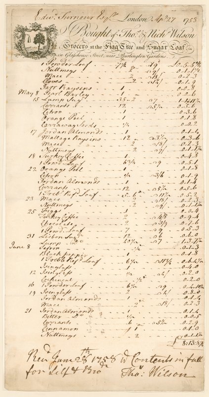 Regning for varer kjøpt fra Thomas & Nicholas Wilson, kjøpmenn av English School