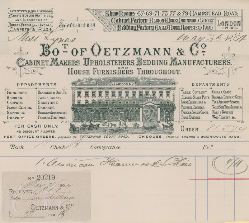 Bill fra Oetzmann & Co, møbelsnekkere, møbeltrekkere, sengetøyprodusenter og husmøblere av English School