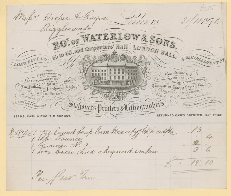 Bill fra Waterlow and Sons, 66-68 Carpenters Hall, London Wall, stasjonærer av English School