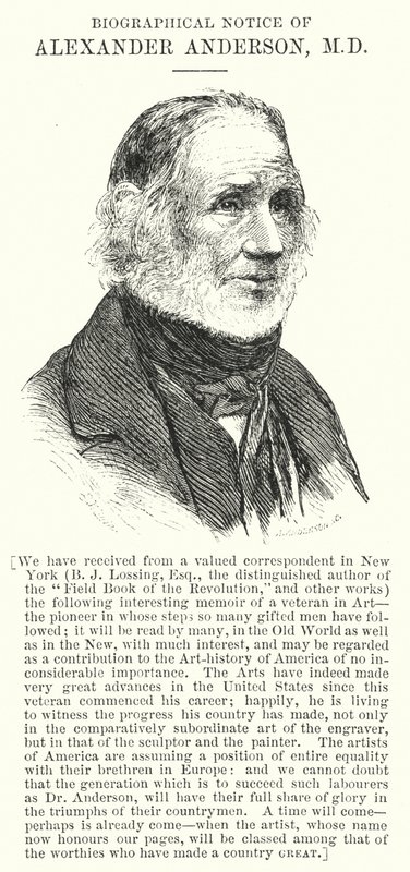 Biografisk melding om Alexander Anderson, MD (gravering) av English School