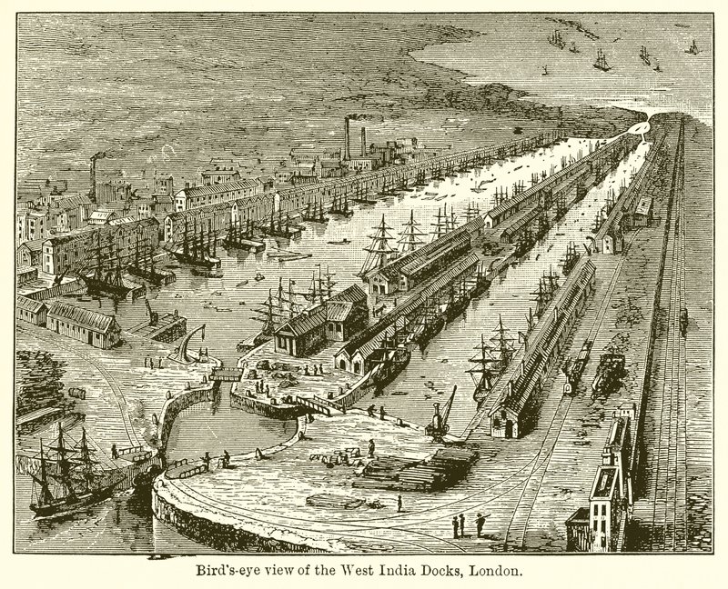 Fugleperspektiv av West India Docks, London av English School