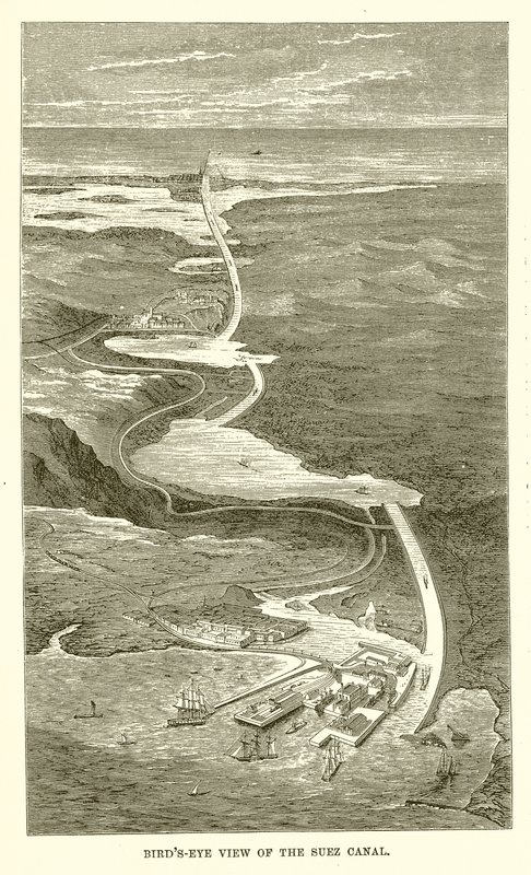 Fugleperspektiv over Suez-kanalen av English School