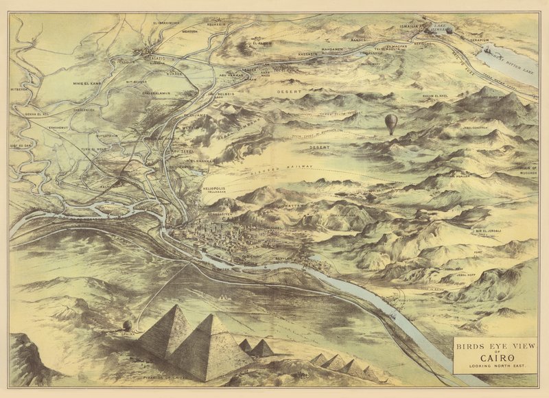 Fugleperspektiv av Kairo (chromolitho) av English School