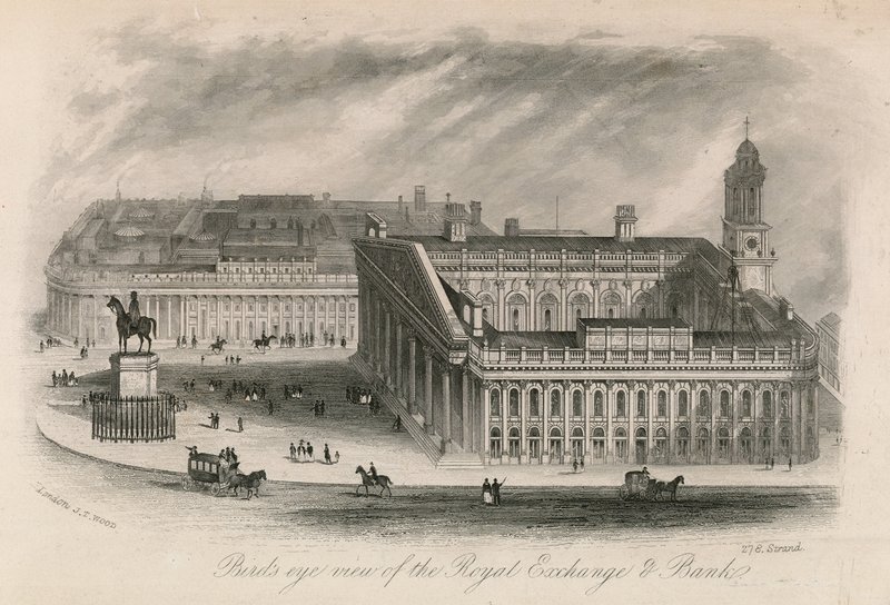 Fugleperspektiv av Royal Exchange and Bank av English School