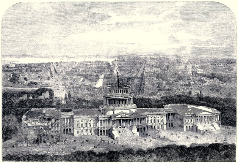 Fugleperspektiv av byen Washington 1861, med Capitol under bygging i forgrunnen [Digitalt renset versjon] av English School