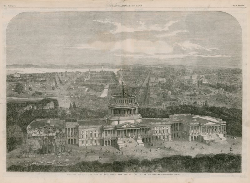 Fugleutsikt over byen Washington, med Capitol i forgrunnen av English School
