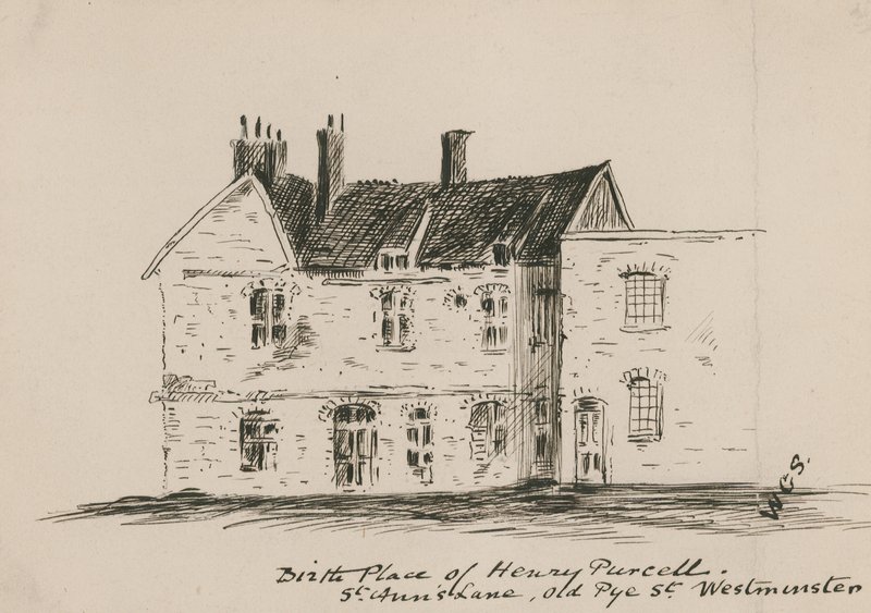 Fødested til Henry Purcell, St Anns Lane, Old Pye Street, Westminster (blekk på papir) av English School