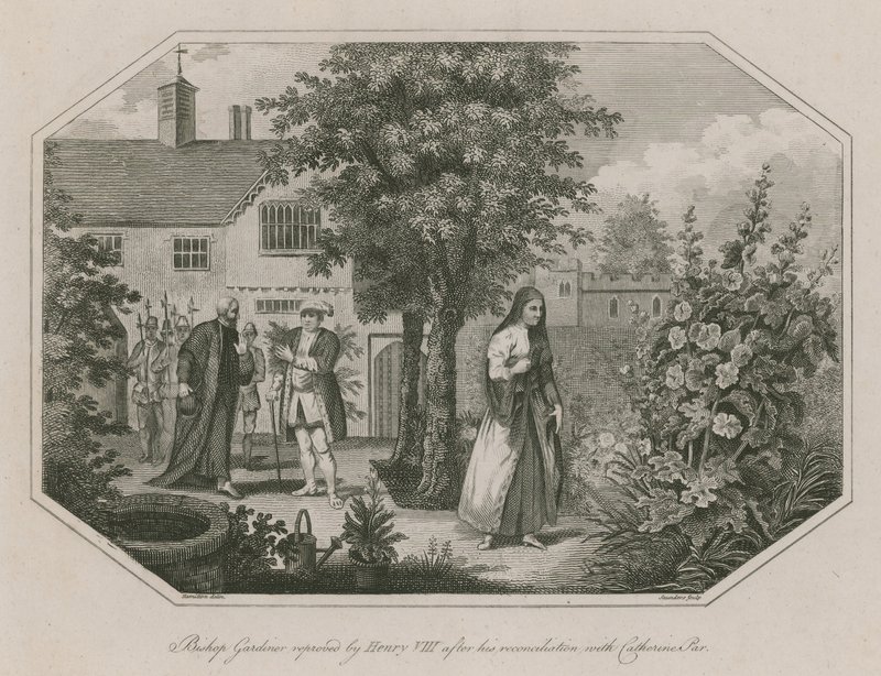 Biskop Gardiner irettesatt av kong Henry VIII etter hans forsoning med Catherine Parr av English School