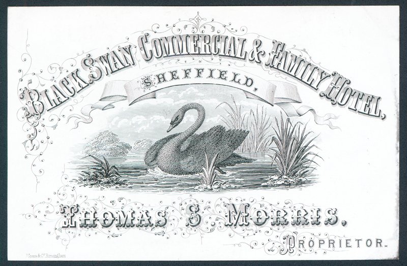 Black Swan Commercial & Family Hotel, Sheffield, handelskort av English School