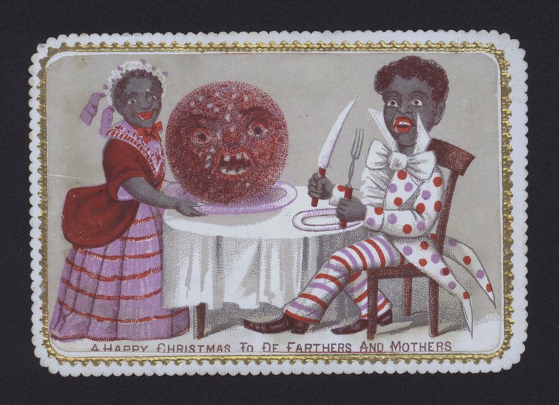 Svart par som ønsker "A Happy Christmas to De Farthers and Mothers" (farge litho) av English School