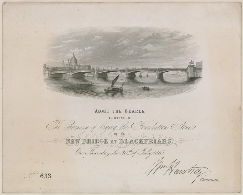 Blackfriars Bridge. Invitasjon til seremoni for nedlegging av grunnsteinen, 20. juli 1865 av English School