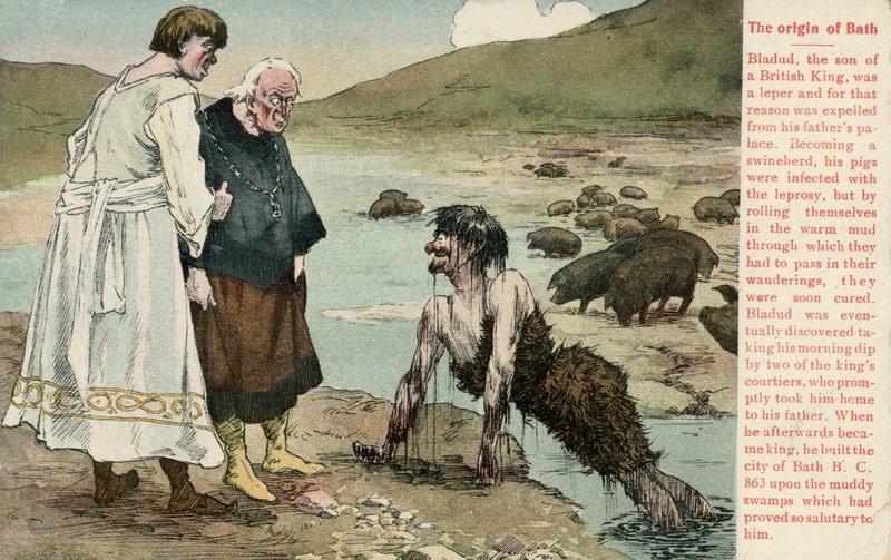 Bladud, en legendarisk konge av britene som ble sagt å ha grunnlagt byen Bath (farge litho) av English School