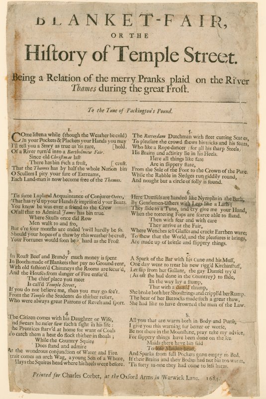 Teppemesse. Dikt om Frost Fair fra 1684 av English School