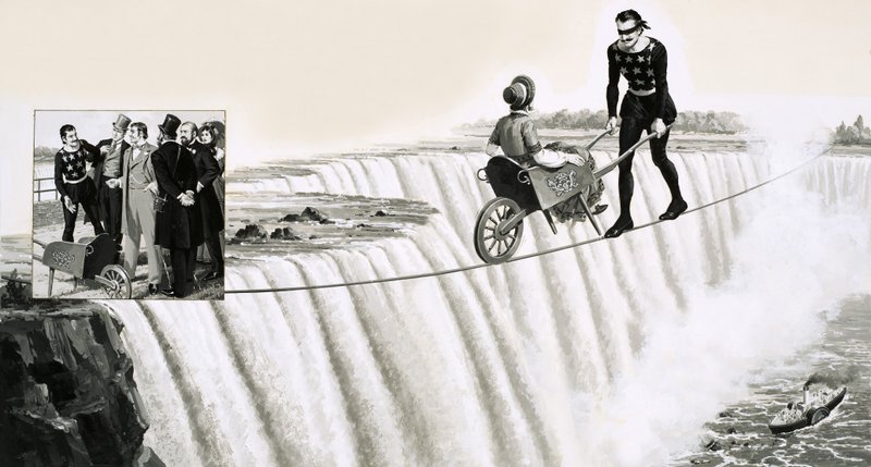Blondin (Francois Gravelet) skyver en trillebår over en stram tau over Niagara Falls av English School
