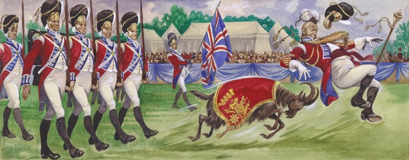 Bobbie, en regimentell maskot, slår trommemajoren av English School