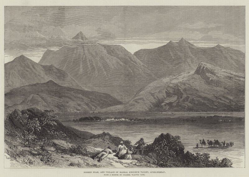 Bodeen Peak og Village of Madzai, Khoorum Valley, Afghanistan (gravering) av English School