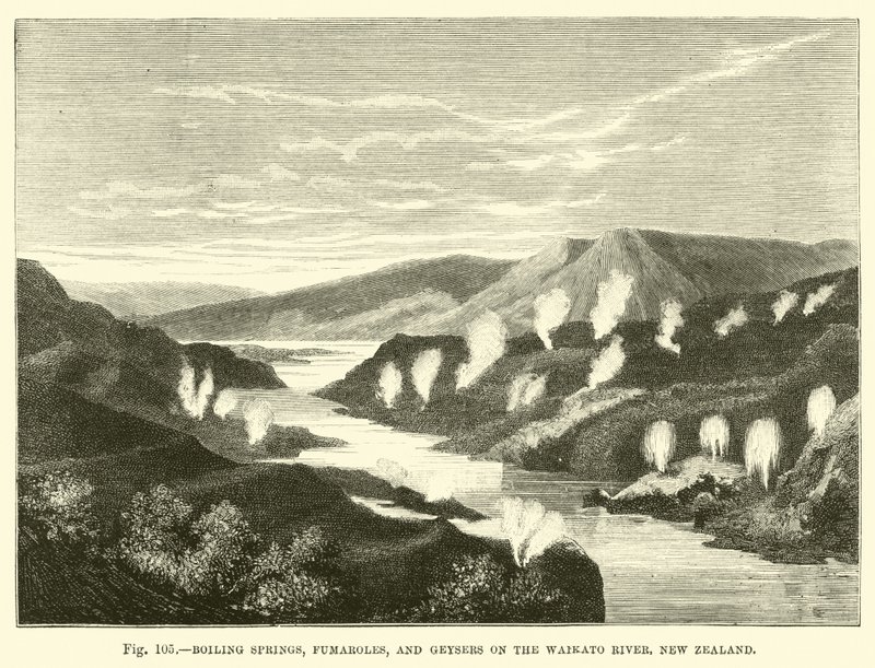 Kokende kilder, fumaroler og geysirer ved Waikato-elven, New Zealand av English School