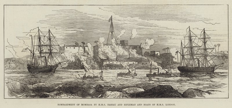 Bombardement av Mombasa av HMS Nassau og Rifleman and Boats of HMS London (gravering) av English School