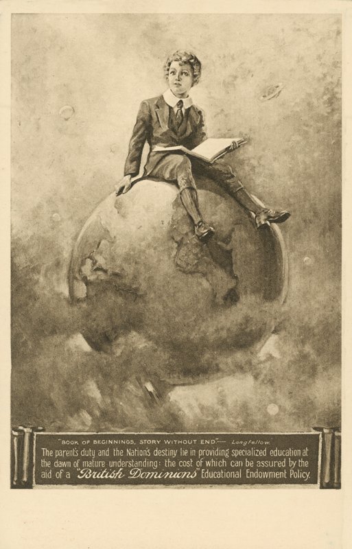 "Book of Beginnings, Story without End", annonse for utdannelsespolitikk fra British Dominions Insurance Company (litho) av English School