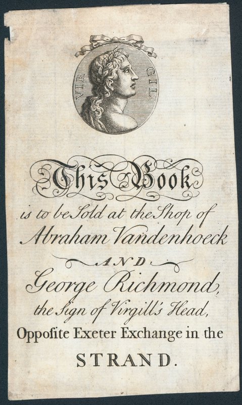 Bokplate, denne boken skal selges i butikken til Abraham Vandenhoeck og George Richmond av English School